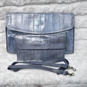 Vintage Eel Skin Clutch Wallet Set Womens Blue Ombre Crossbody Shoulder Bag